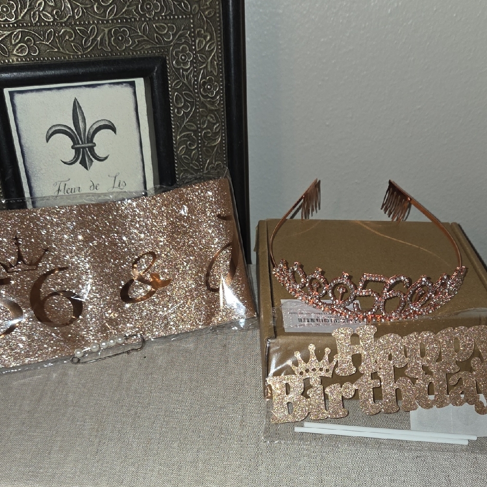 Rose Gold Birthday Tiara and Decorations